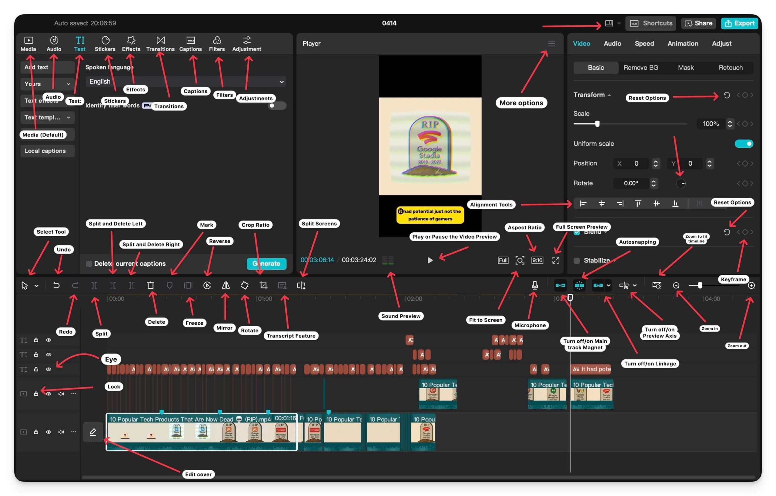 guía de leyenda e íconos de capcut video editor desktop