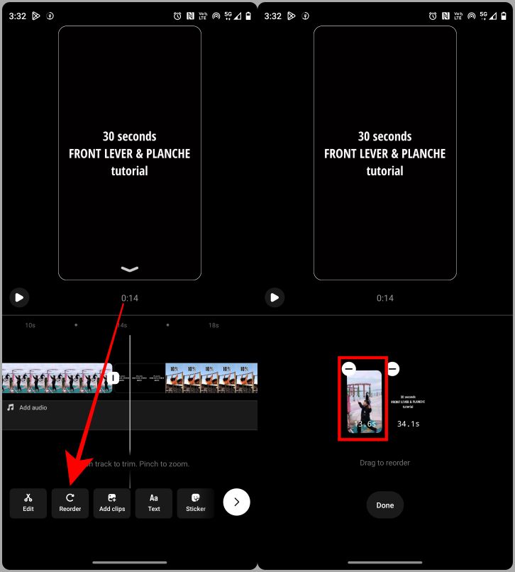 réorganisation des clips sur l'éditeur de reel instagram