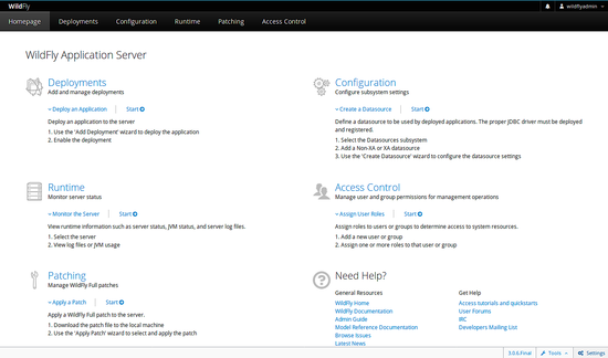 Dashboard del server di applicazioni WildFly