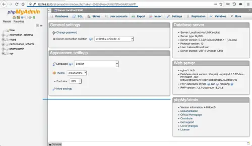 Dashboard di PHPMyAdmin