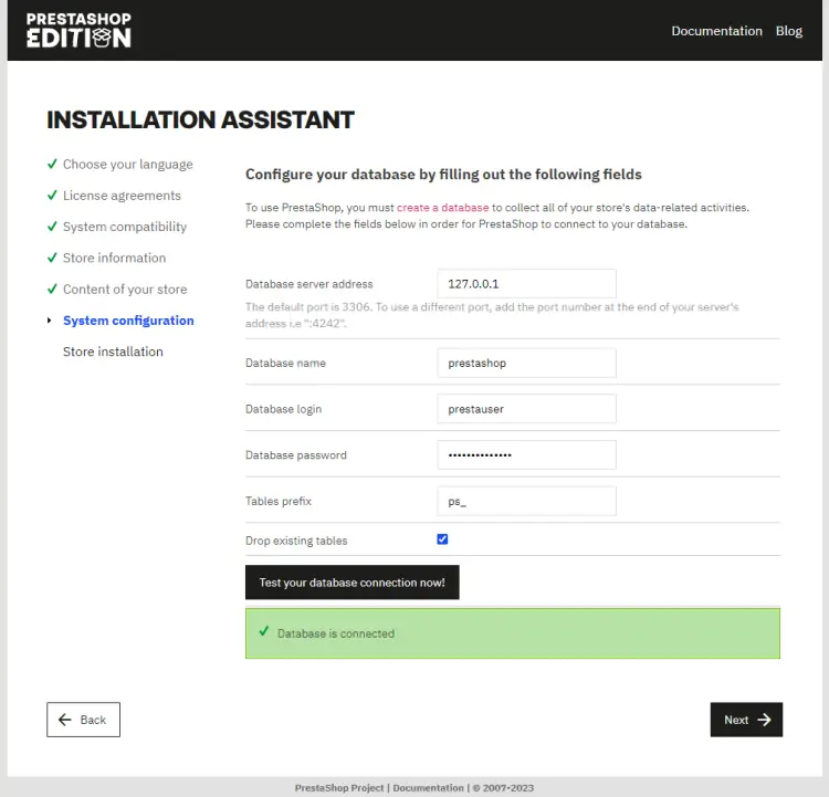 Test de connexion à la base de données PrestaShop