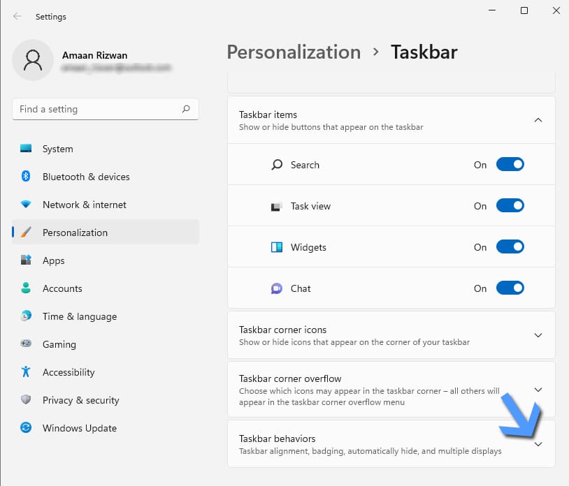 Поведение панели задач Windows 11