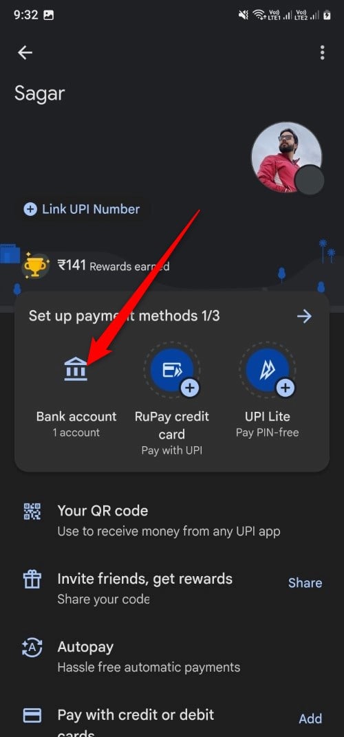 Google Payの銀行口座選択オプション