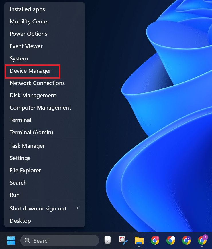 apri il gestore dispositivi utilizzando il menu utente avanzato