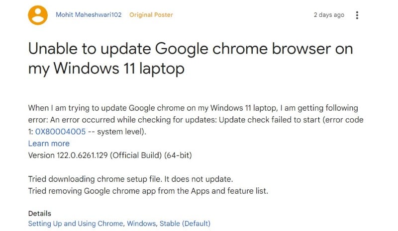 errore google chrome 1 segnalazione utente