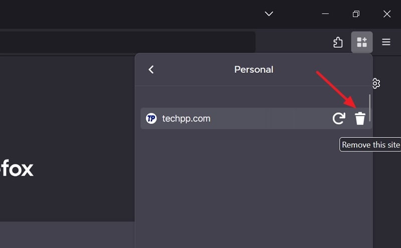 rimuovi sito dal contenitore su firefox