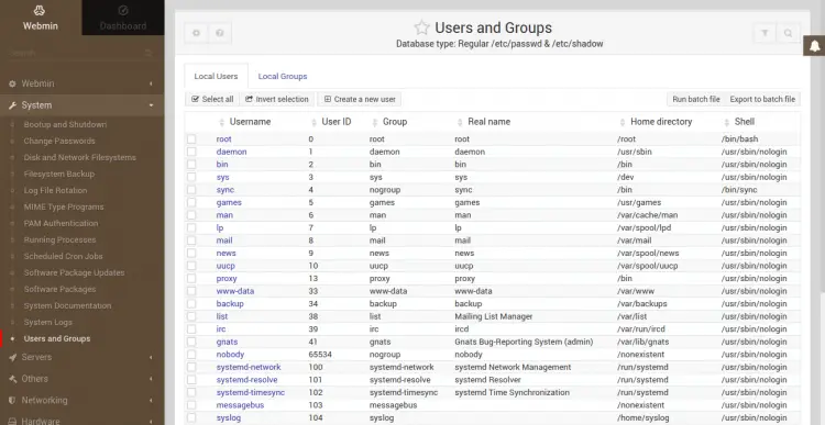 Webminを使用してLinuxユーザーを作成