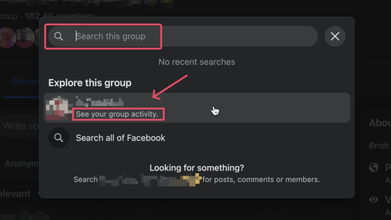 Durchsuchen der Gruppenaktivitäten nach Ihrem anonymen Beitrag