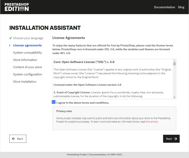 Page d'accord de licence de PrestaShop