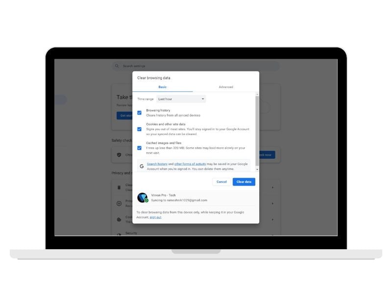 imagen mostrando borrar caché del navegador google chrome
