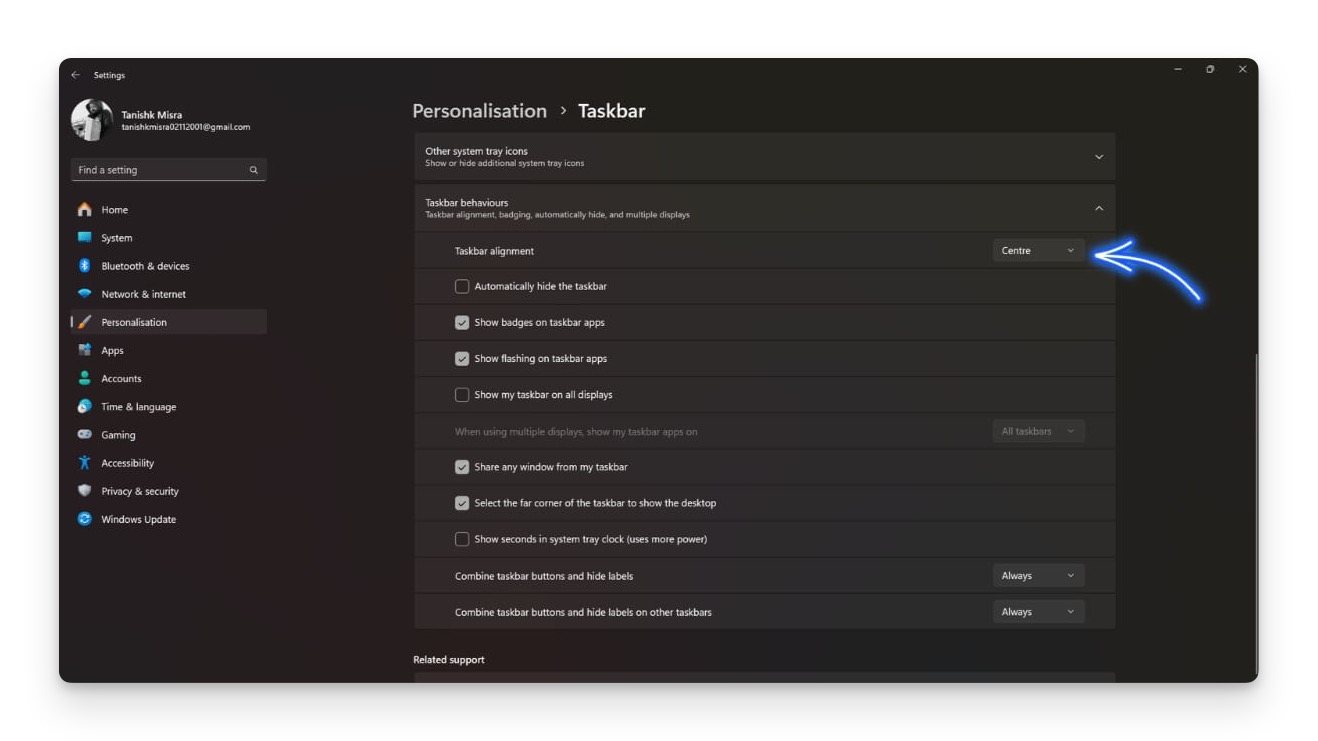 configurações da barra de tarefas no windows 11