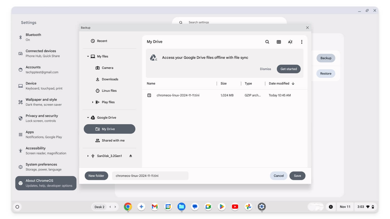 backup file linux su chromebook