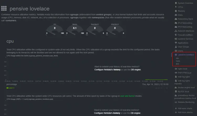 Statistiche Individuali del Container Docker di NetData