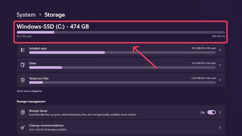 vérifier l'espace de stockage du système sur windows