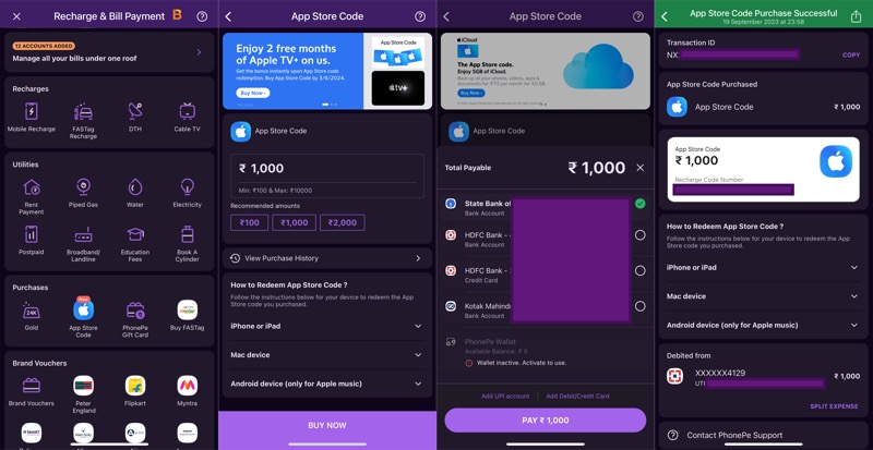comprando um cartão presente da apple pelo phonepe na índia.