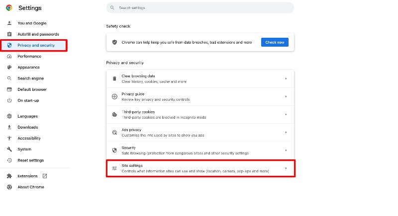 impostazioni sito browser google chrome
