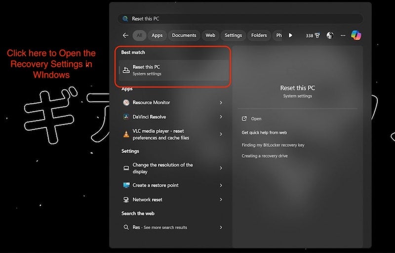 apri le impostazioni di ripristino in windows