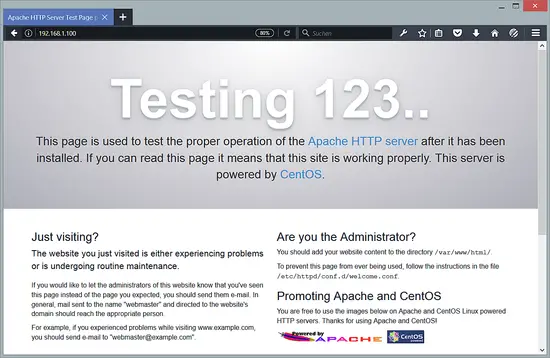 Servidor web Apache iniciado no CentOS 7