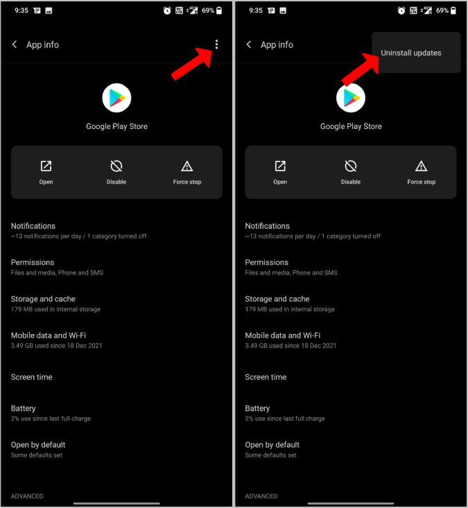 disinstallazione degli aggiornamenti del play store