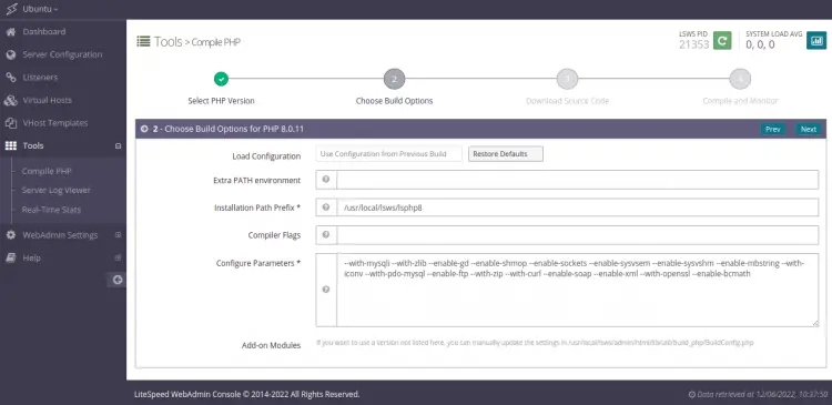 Opzioni di build PHP