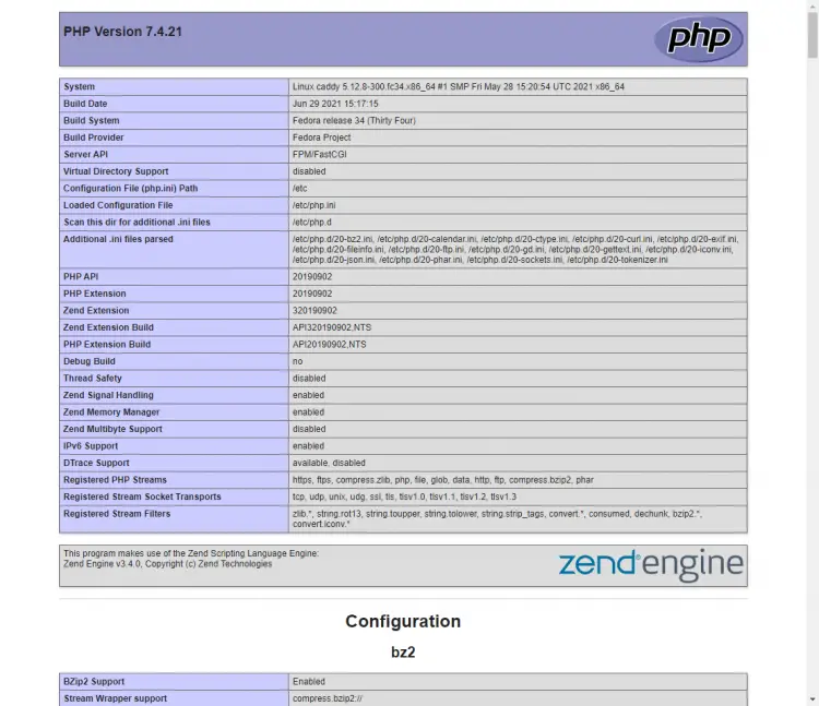 Page de test PHP de Caddy