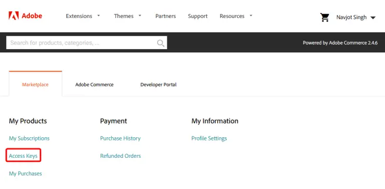 Adobe Magento-Profil Zugriffsschlüssel-Seite
