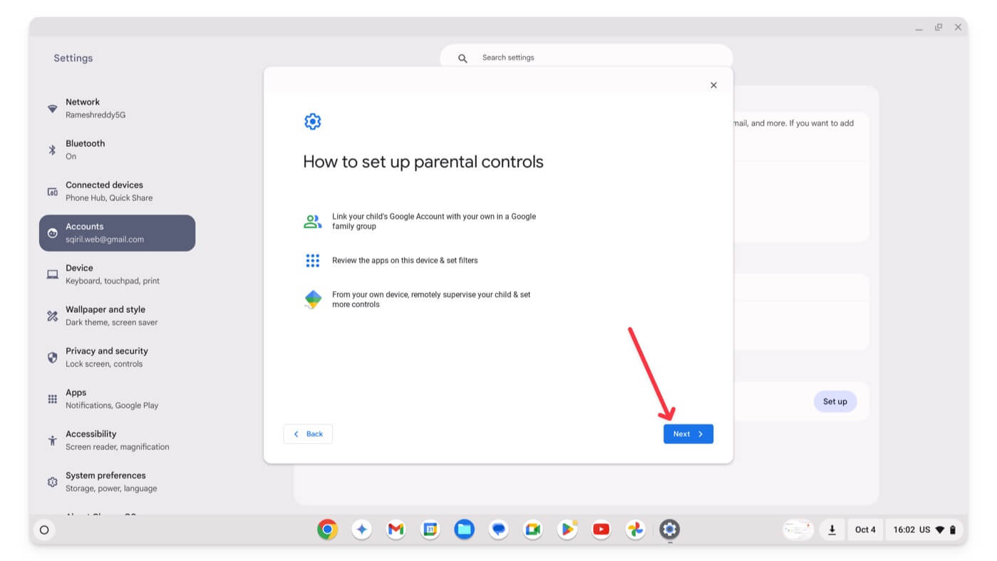 painel de configuração de controle parental