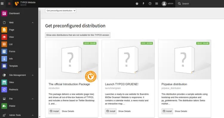 Панель управления Typo3
