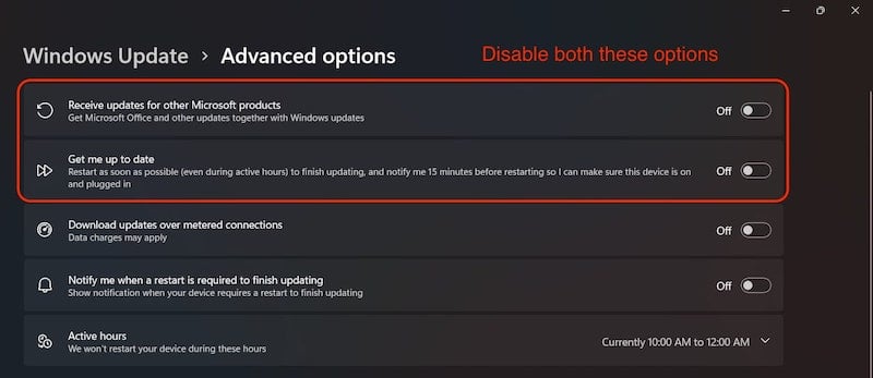 disabilita queste cose nelle opzioni avanzate