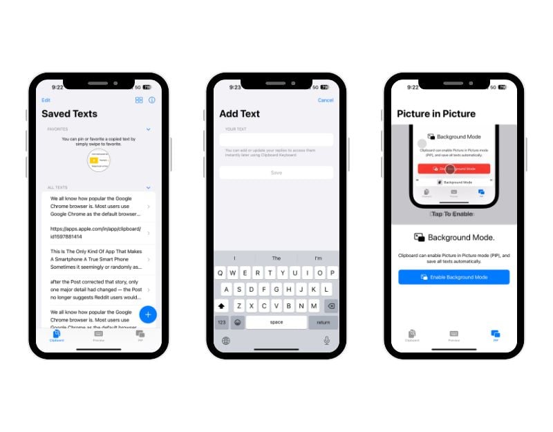 capturas de tela do aplicativo clipboard