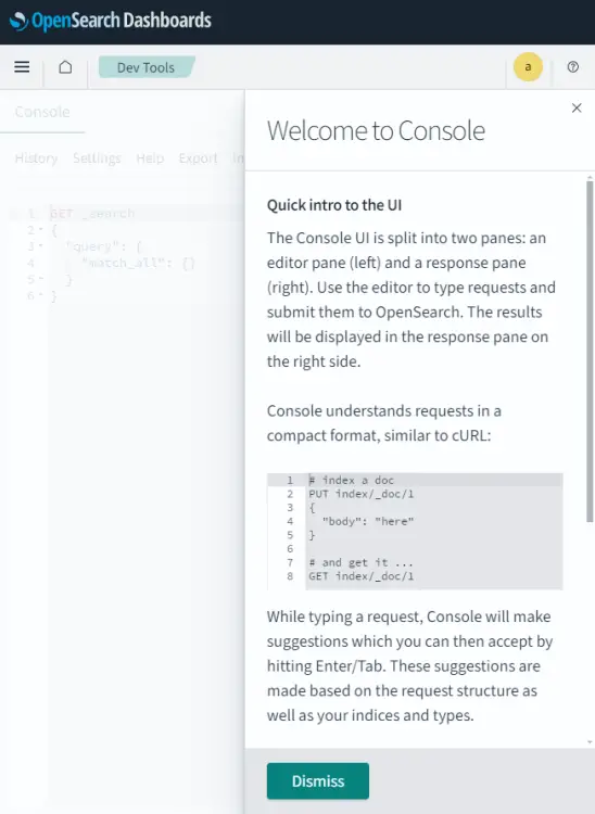 Popup Console Strumenti di Sviluppo OpenSearch Dashboards