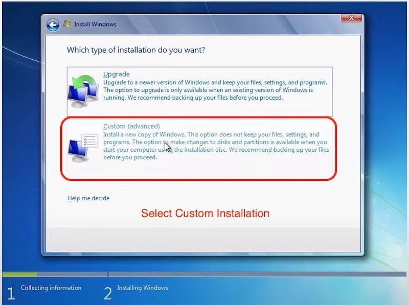 usa installazione personalizzata