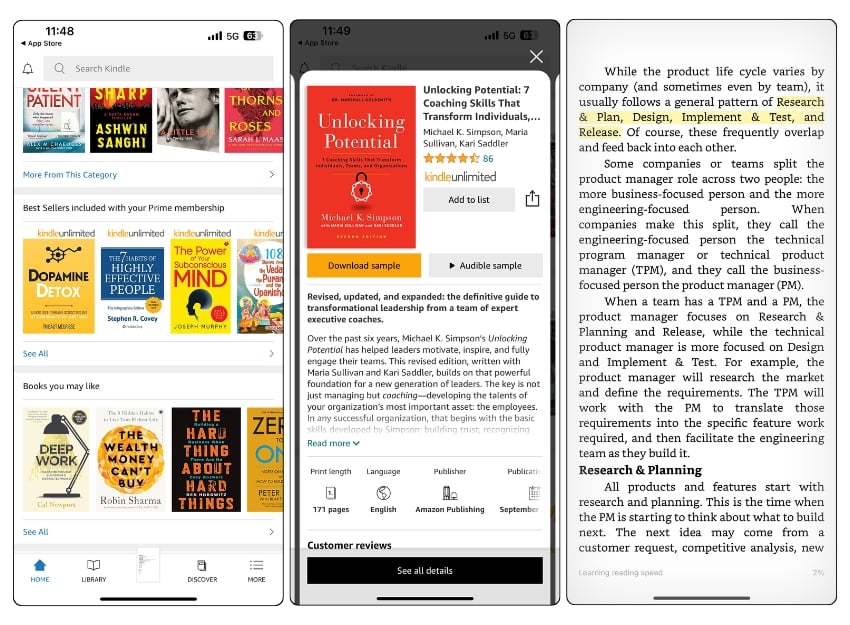 screenshot dell'app kindle che mostra elenchi di libri e una pagina dettagliata di un libro.