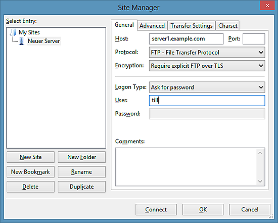 Filezilla Server-Anmeldedaten.