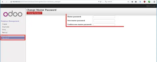 Setzen Sie ein neues Master-Passwort in Odoo.