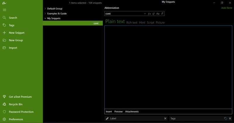 Erstellen eines neuen Snippets in aText
