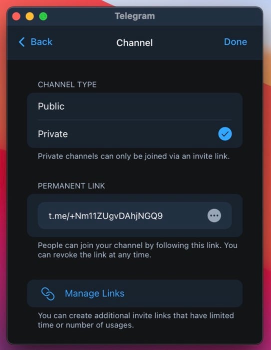 création d'un canal telegram sur bureau