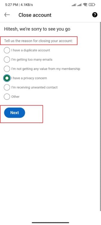 wie man ein linkedin-konto löscht- gründe seite auf android