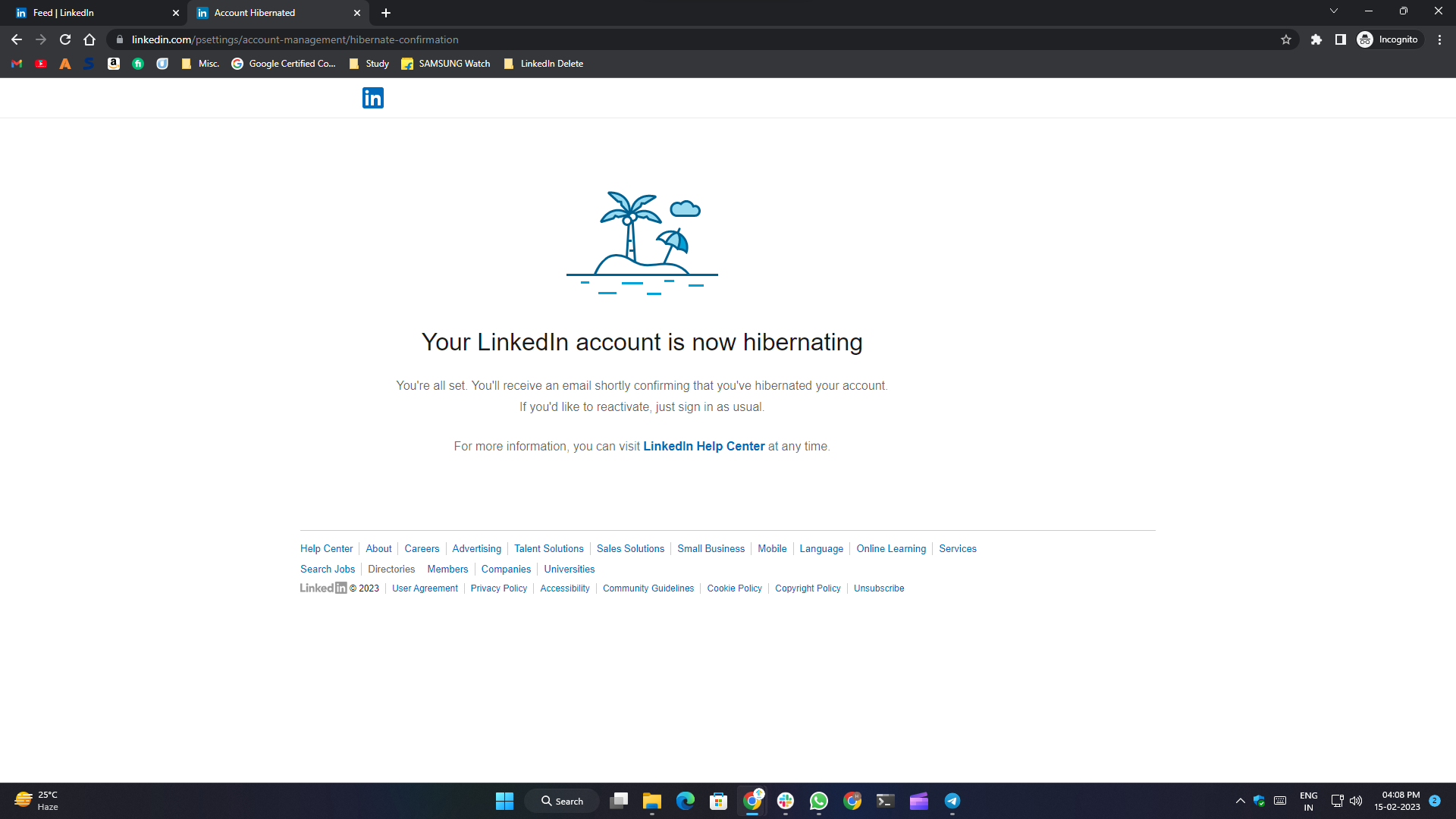 wie man ein linkedin-konto löscht- ruhemodus abgeschlossen
