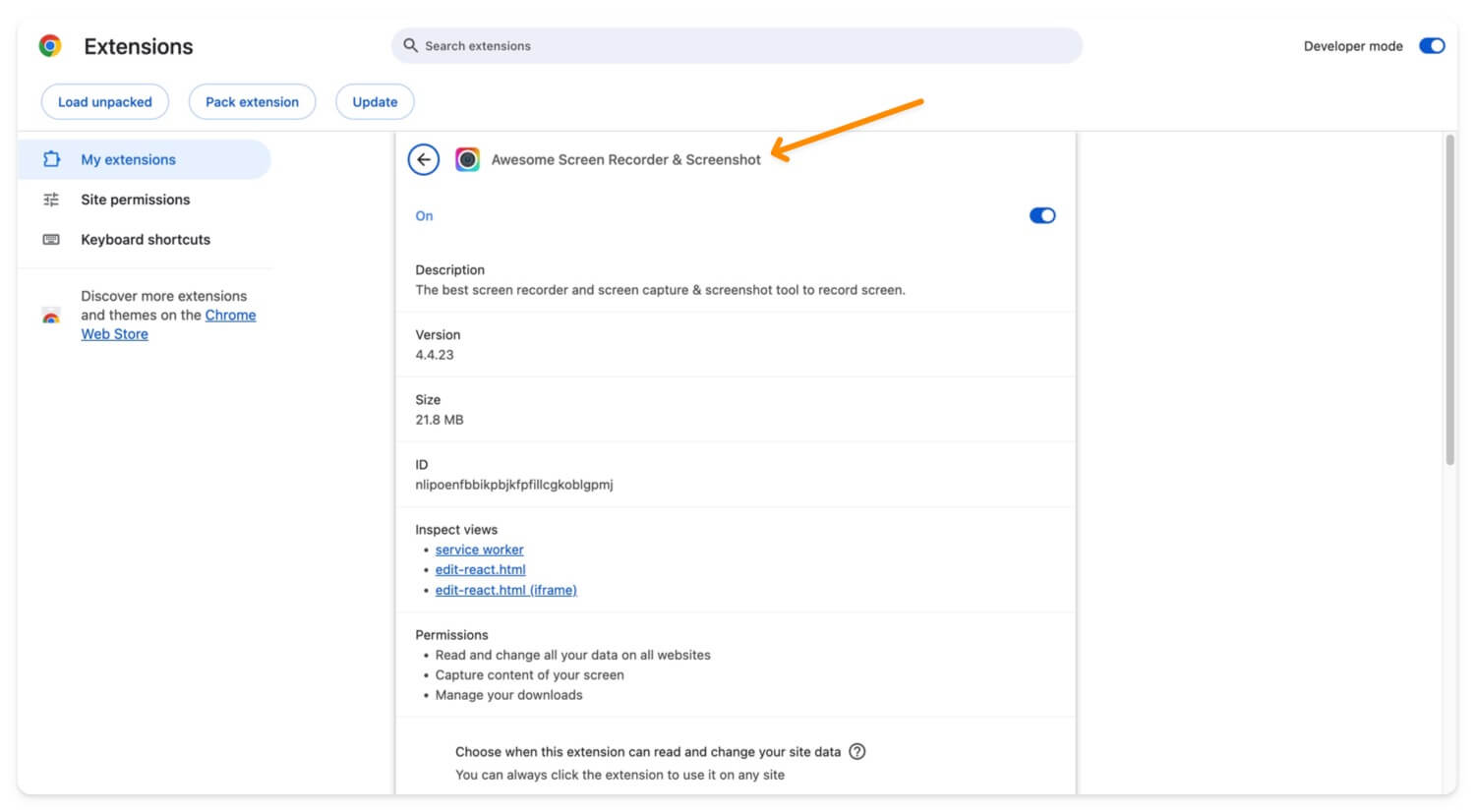 dettagli dell'estensione di google chrome