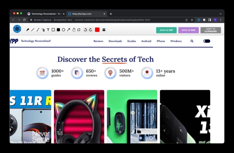 Annotierungs-, Bearbeitungs- und Speicheroptionen in der Screen Capture-Erweiterung
