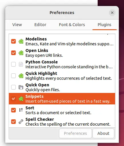 Plugin d'extraits Gedit