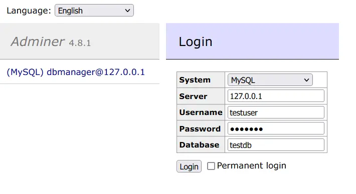 login no testdb