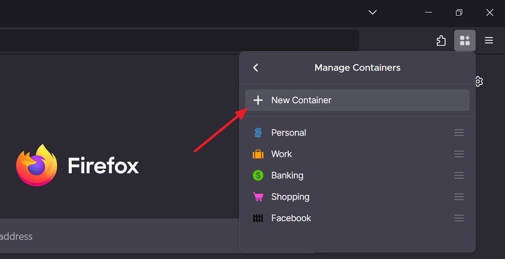 crea nuovo contenitore su firefox