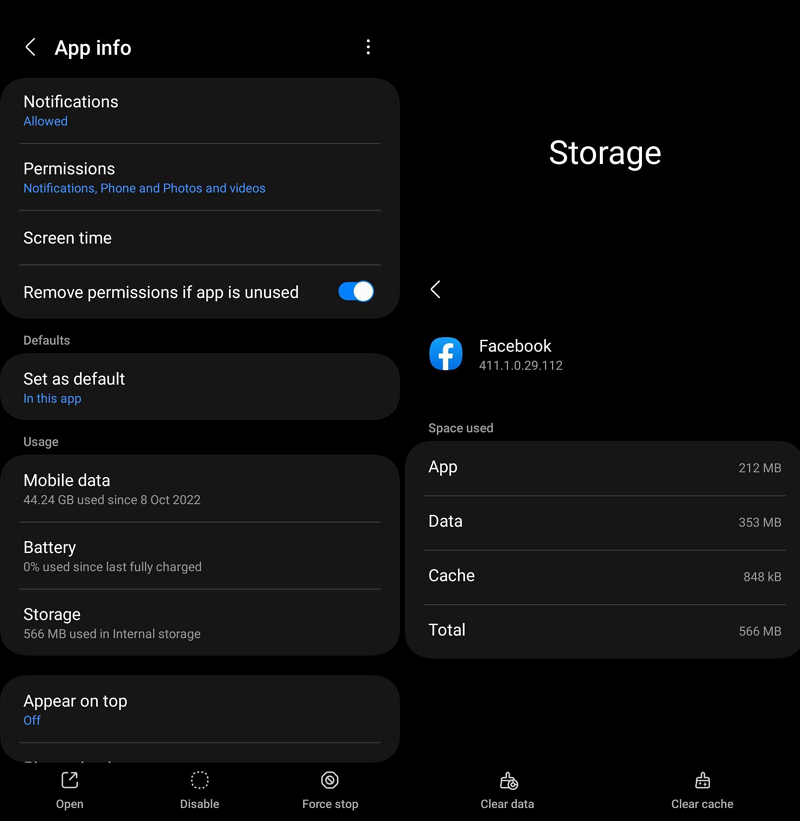 cancella cache dell'app facebook