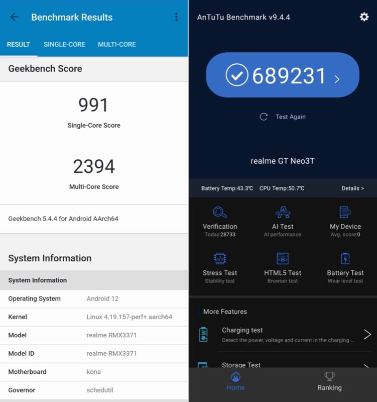 benchmark del realme gt neo 3t