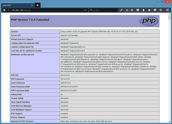 Salida de PHPINFO de PHP 7.