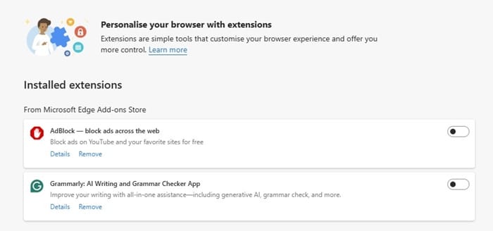 Disattiva le Estensioni del Browser