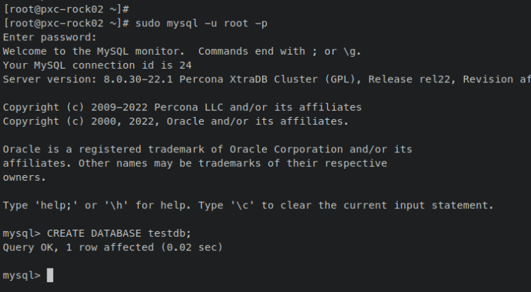 crea database pxc-rock02