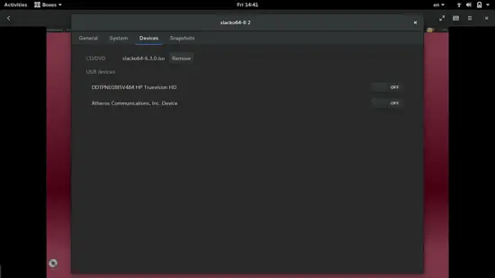 Página de propiedades en GNOME Boxes